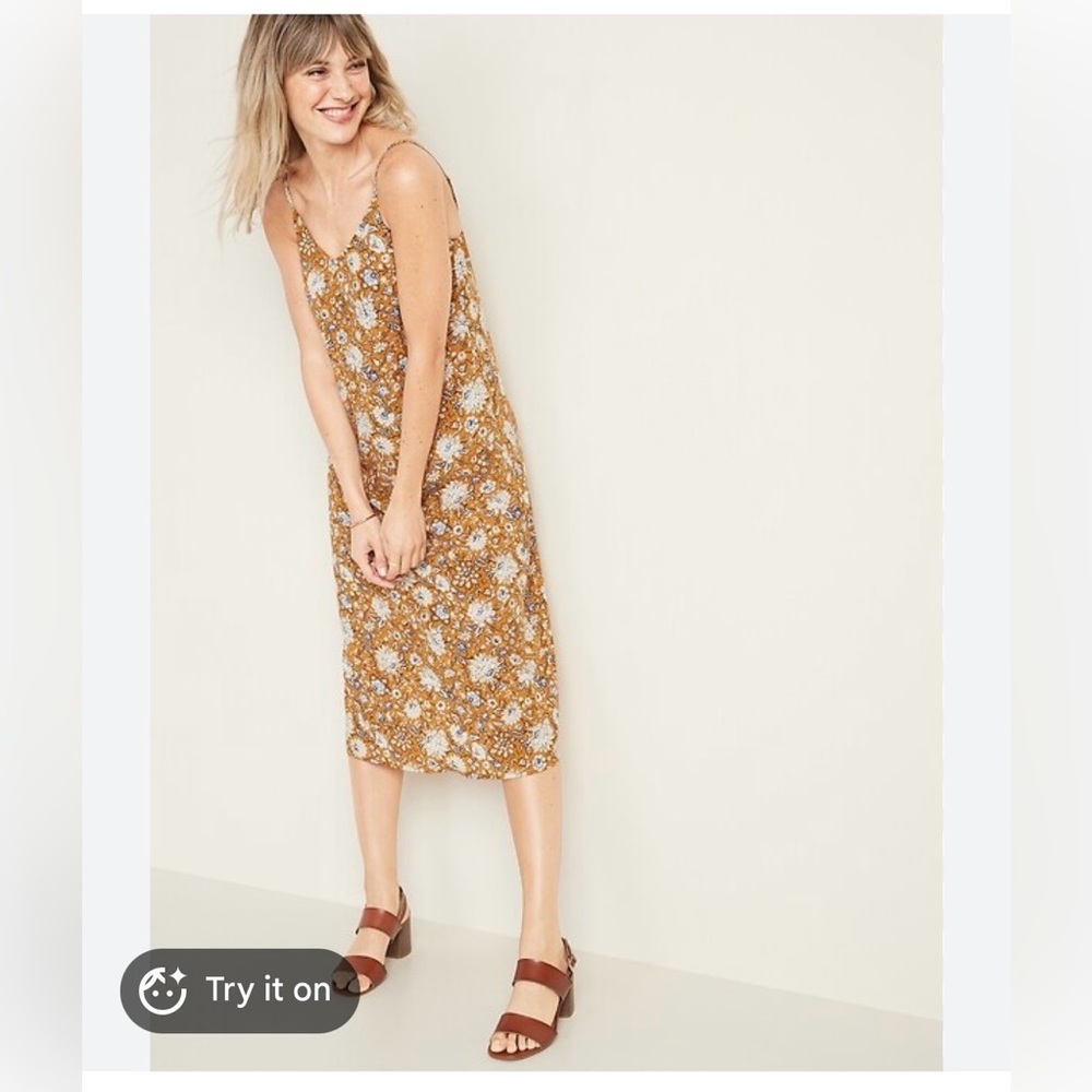 Old Navy Y2K Gold Mustard Floral Midi V-neck Slip‎ Dress. Size large.